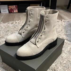 AllSaints Ariel Suede Lace Up Biker Boots Off White